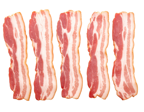 Stacked raw bacon slices, showcasing texture and marbling, isolated on a pure white background.
