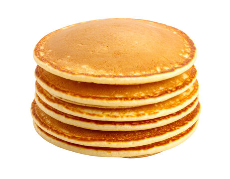 A stack of golden pancakes, inviting and fluffy, isolated on a white background, ideal for breakfast menus.