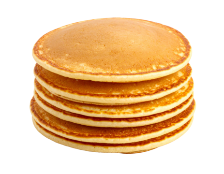 A stack of golden pancakes, inviting and fluffy, isolated on a white background, ideal for breakfast menus.