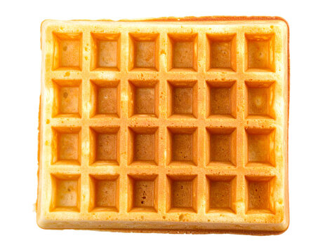 A perfectly cooked golden waffle, showing its grid pattern, isolated on a white background.