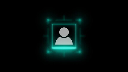 Animation of data processing and media icons over digital human spinning Future Face ID. Face Detection. Augmented Reality. Man Face for Facial Recognition Isolated on black .4k motion video . - Powered by Adobe