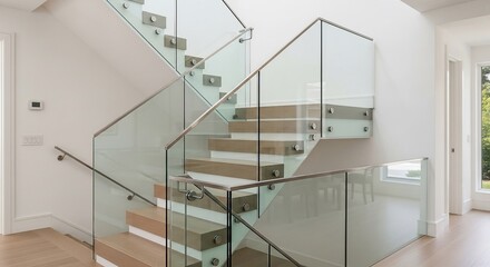 A modern interior with a floating staircase featuring light wood treads and glass panel railings.
