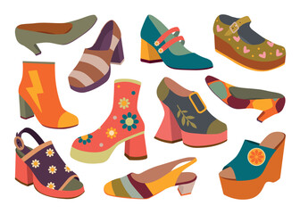 Colorful Vintage Shoes Vector Illustration Collection. Vector set of various colorful retro shoes