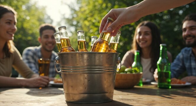 Hand reaching for cold beer from a bucket on an oak table in a warm garden picnic atmosphere, international beer day