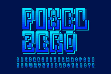 Pixel stylized vector alphabet design. High contrast and sharp, retro-futuristic.