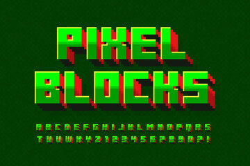 Pixel stylized vector alphabet design. High contrast and sharp, retro-futuristic.