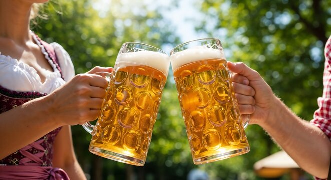 Friends in dirndl and lederhosen clinking beer mugs with joy in a sunny park background, international beer day, bavarian traditions