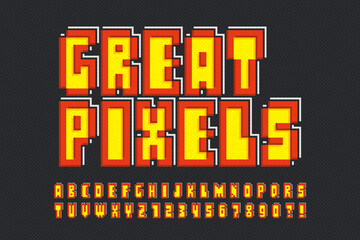 Pixel stylized vector alphabet design. High contrast and sharp, retro-futuristic.