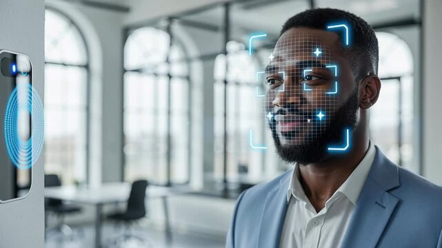 Businessman using facial recognition technology for secure access in modern office environment. - Powered by Adobe