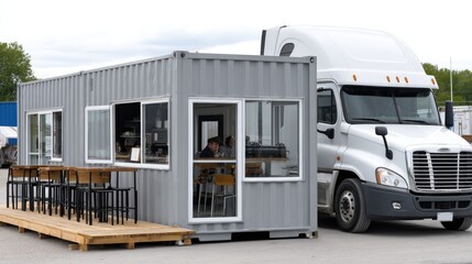 Shipping container coffee shop features bar seating and an industrial kitchen view, creating a unique dining atmosphere for visitors