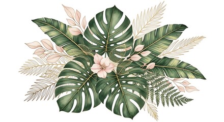 Fototapeta premium Elegant Tropical Watercolor Leaves and Flower Arrangement for Decoration and Invitations with a Fresh and Modern Aesthetic