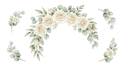 Elegant watercolor floral arrangement with ivory roses and eucalyptus leaves on a white background perfect for wedding invitations and greeting cards