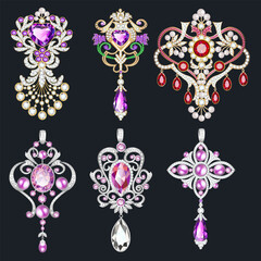 Illustration set of jewelry vintage pendants ornament made of beads of gold color and precious stones and pearls