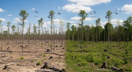 Obraz premium A stark visual comparison depicting a barren, deforested landscape juxtaposed with a thriving, green forest under a blue sky.