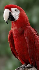 Fototapeta premium Close-up view of a vibrant red macaw amidst a lush tropical setting, showcasing intricate feather details and an expressive gaze