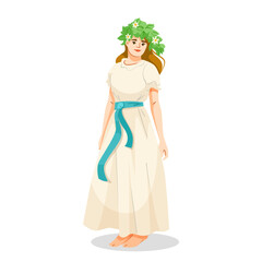 Woman in a long white dress with blue ribbon and leaf crown, flat graphic style, on white background. Concept of nature, tradition, purity. Vector illustration