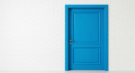 Classic Blue Wooden Door on a Pristine White Wall
