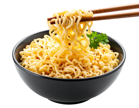 Chopsticks Lifting Instant Noodles with Sauce Drip – Cutout on Transparent Background PNG.