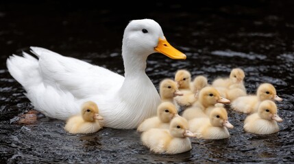A white duck carries her four adorable yellow ducklings on her back while nestled among vibrant green grass in serene surroundings