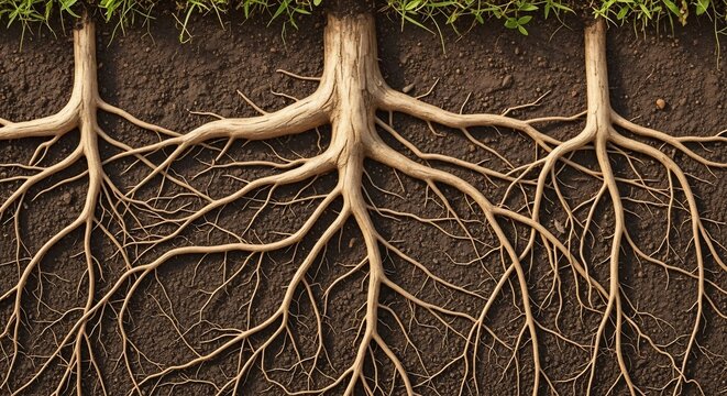 Three tree roots intertwining deeply within dark soil, showcasing a complex underground network.