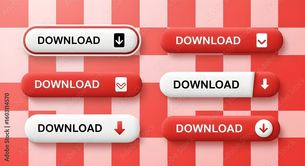 Aufkleber download button set on red and white checkered background | collection of vector ui elements for web