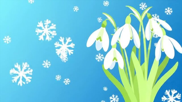 Minimalist snowdrop illustration with wintry theme. Delicate snowdrops on soft blue background. Tranquil winter floral digital art.