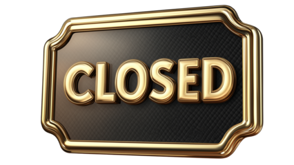 3D "CLOSED" sign with metallic text and a subtle shadow, giving it a sleek and modern look, isolated on a transparent background