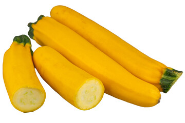 Fresh yellow zucchini with sliced half. Isolated object