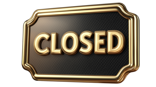 3D "CLOSED" sign with metallic text and a subtle shadow, giving it a sleek and modern look, isolated on a transparent background