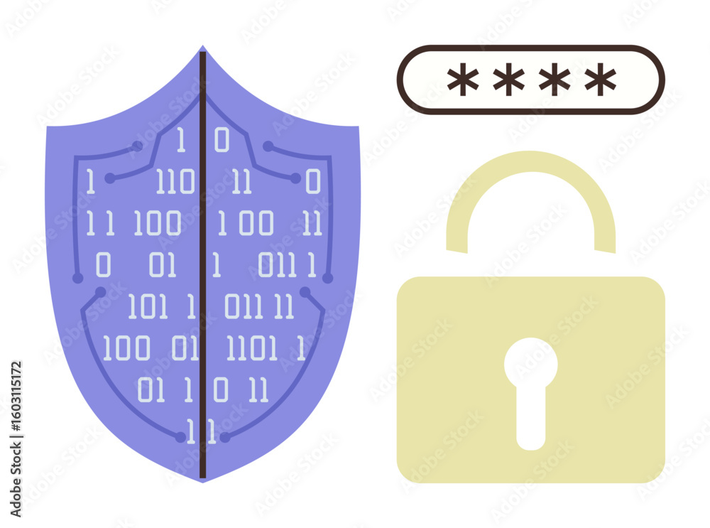 Poster blue shield with binary code, lock, and password bar highlighting cybersecurity, data protection. id