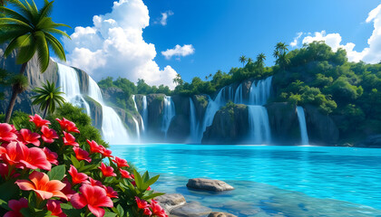 Tropical waterfall adventure exotic paradise nature landscape lush environment vibrant viewpoint