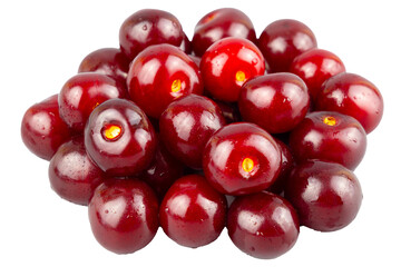Fresh juicy ripe red cherries cluster with water droplets close-up. Isolated object