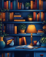 Whimsical Bookshelf with Warm Light, Plants and Open Book