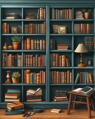 Cozy Home Library Interior with Bookshelf and Vintage Decor