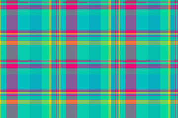 Old tartan pattern textile, adorable texture check background. France fabric plaid seamless vector in teal and bright colors.