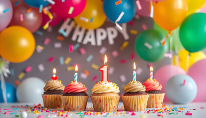 Birthday celebration home cupcake display festive atmosphere close-up joyful moments