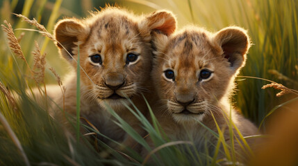 Obraz premium Two adorable lion cubs portrait in the grass wildlife photography animal babies cute lions in nature reserve