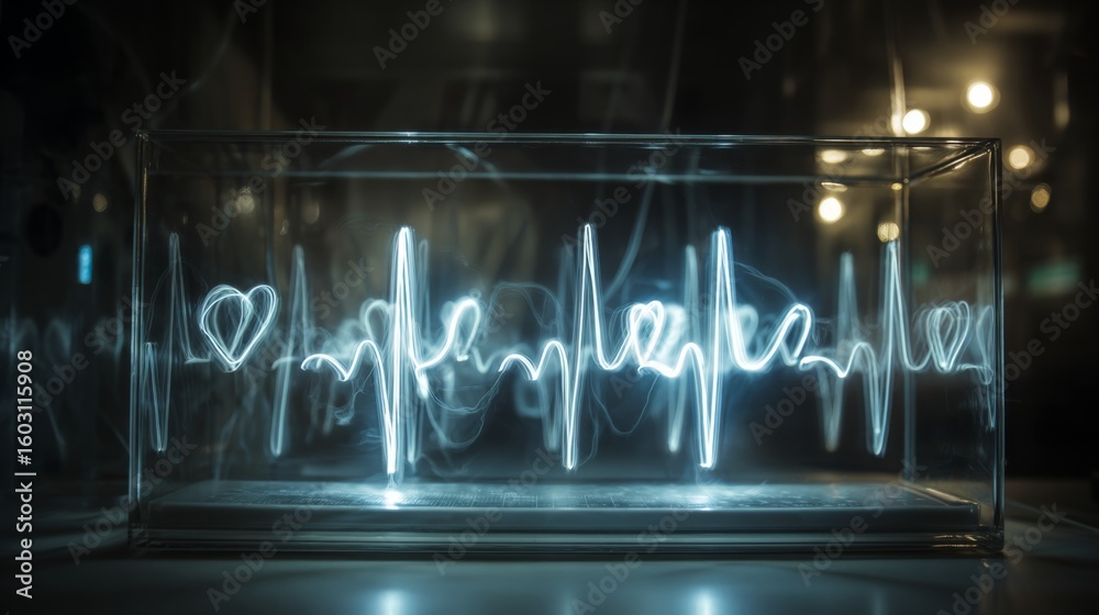 Poster an artistic rendering of heart wave patterns emerging from a heartbeat monitor, incorporating elemen