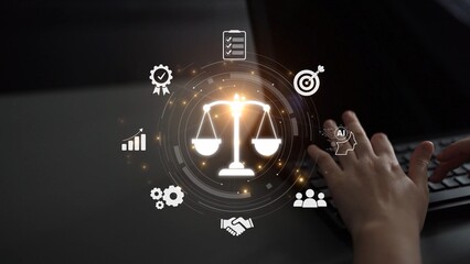 Futuristic digital law interface displaying justice scale, highlighting digital law, AI compliance, digital law systems, and digital law regulations for secure governance. Muxer
