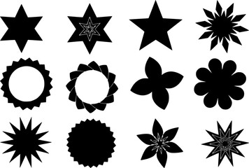 Obraz premium Minimalist Geometric Shapes Set. Modern Decorative Symbols, Labels, Logos and Icons. Stars, Flowers and Circles with Zig Zag Edge
