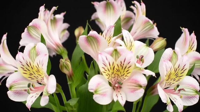 Elegant Alstroemeria bouquet on black background. Close-up of Peruvian lilies with pink streaks. High-resolution floral photography with white and pink petals.