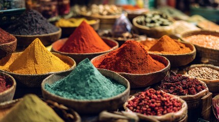 Fototapeta premium An artistic shot of a colorful Indian spice market with a variety of spices in open containers, showcasing the rich and diverse flavors used in Indian cooking.