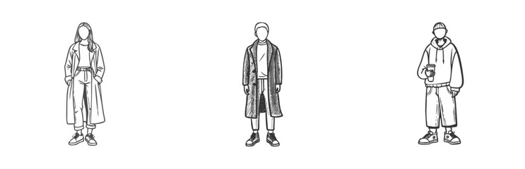 Obraz premium Black and white sketch of three street fashion figures in casual outfits, featuring long coats, loose hoodies, and modern accessories. Hand-drawn urban style concept for trendy clothing design isolate