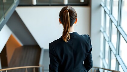 Businesswoman ascending stairs modern office professional portrait urban environment rear view ambition