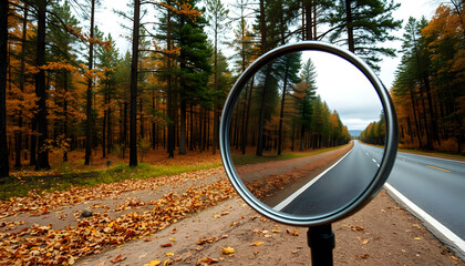 Autumn reflection journey forest road photography serene environment close-up view nature's beauty