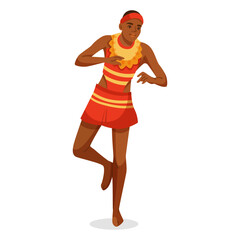 African dancer in vibrant traditional outfit performing dance move, flat graphic style, isolated on white background. Concept of culture. Vector illustration