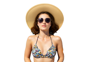 Elegant Woman Relaxing in a Two-Piece Swimsuit, Cut Out on Transparent Background
