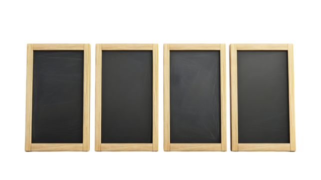 Four empty vertical chalkboards with wooden frames in a row