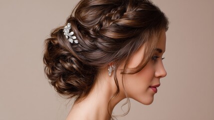 An elegant image of a woman with an intricate updo hairstyle, featuring braided sections and delicate accessories, perfect for a formal event or wedding.