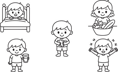 Cartoon Boy's Daily Routine Line Art Illustration Series Depicting Various Activities